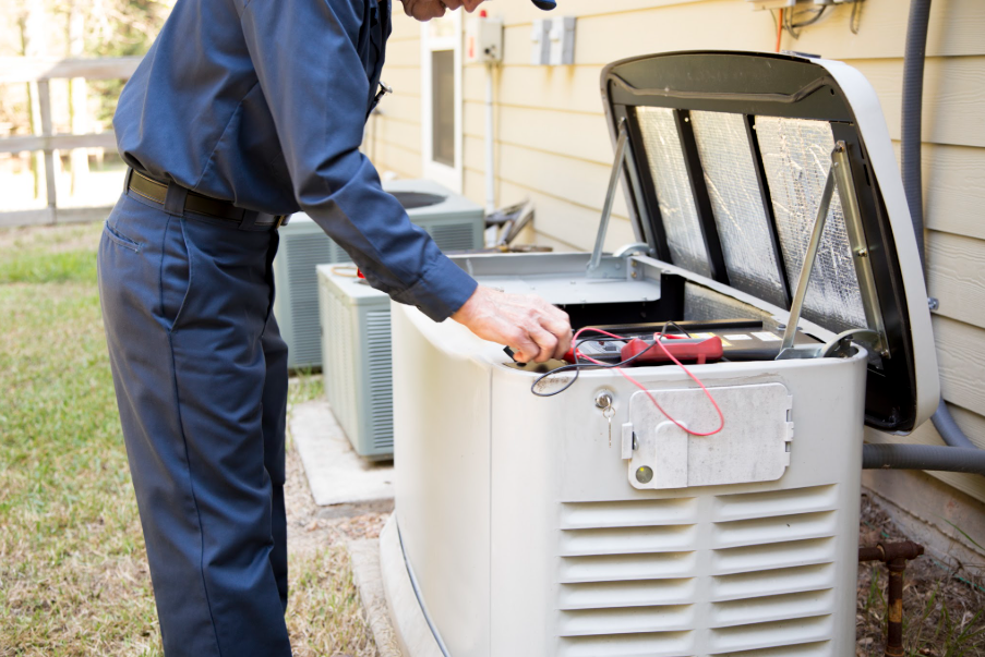 A worker puts the finishing touches on an outdoor generator installation