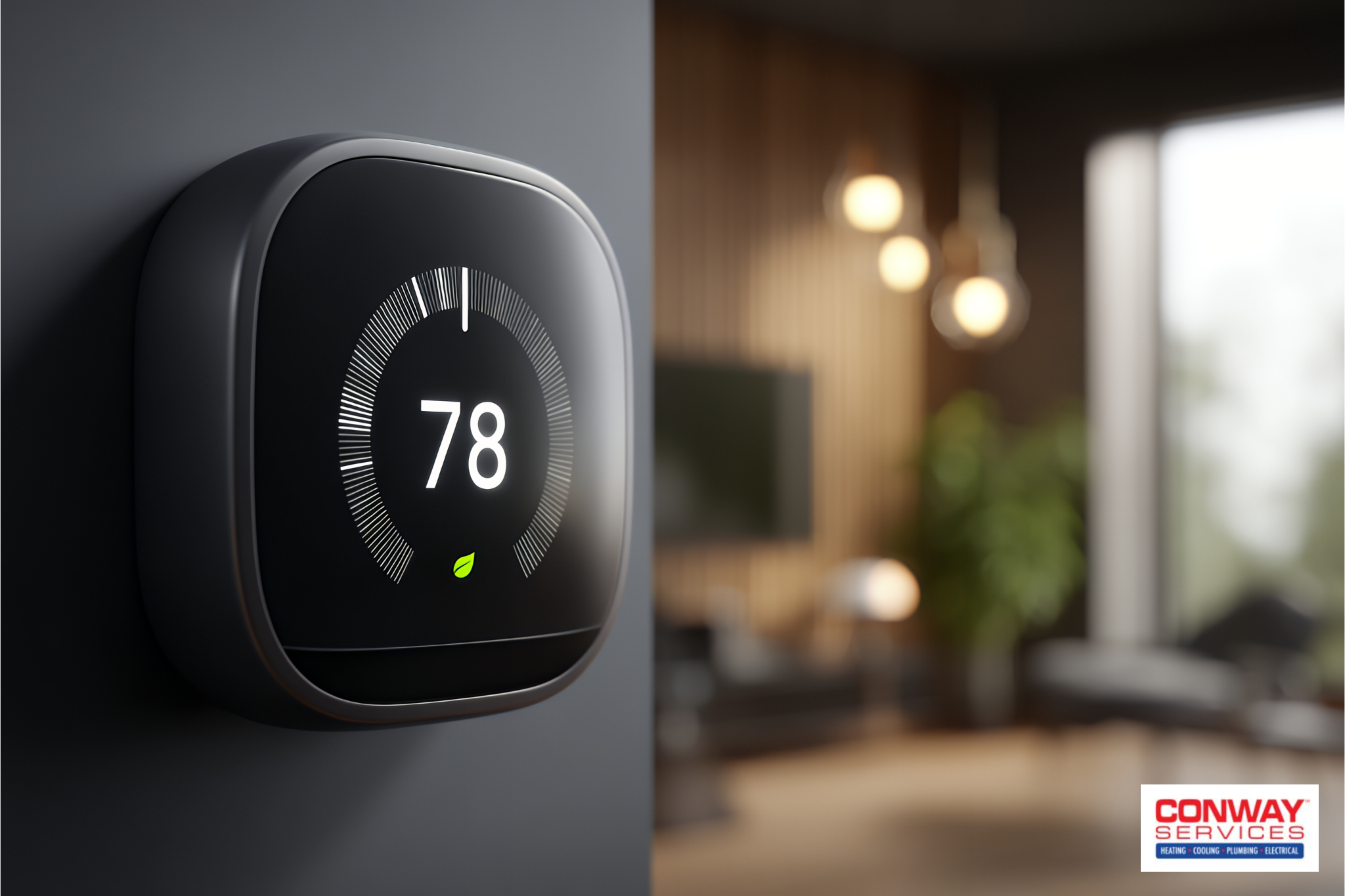 Smart thermostat on wall inside a home next to a living area, newly installed by Conway Services.