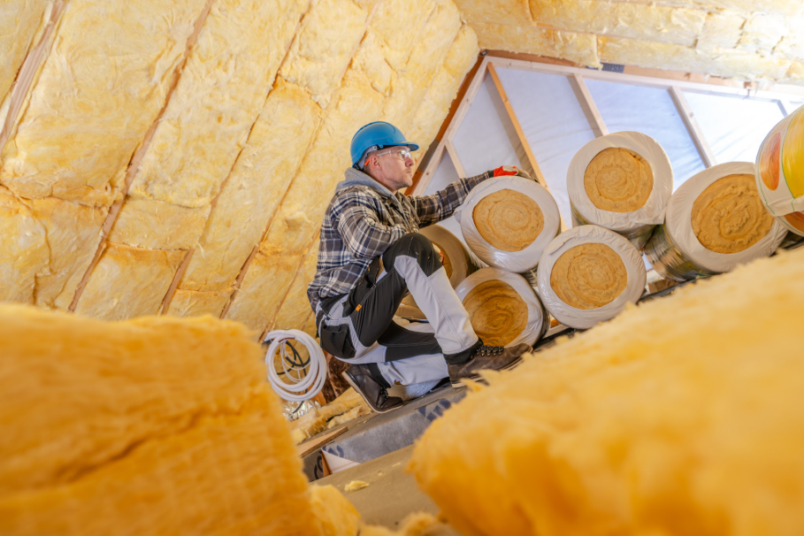 A worker unfurls rolls of insulation in an attic